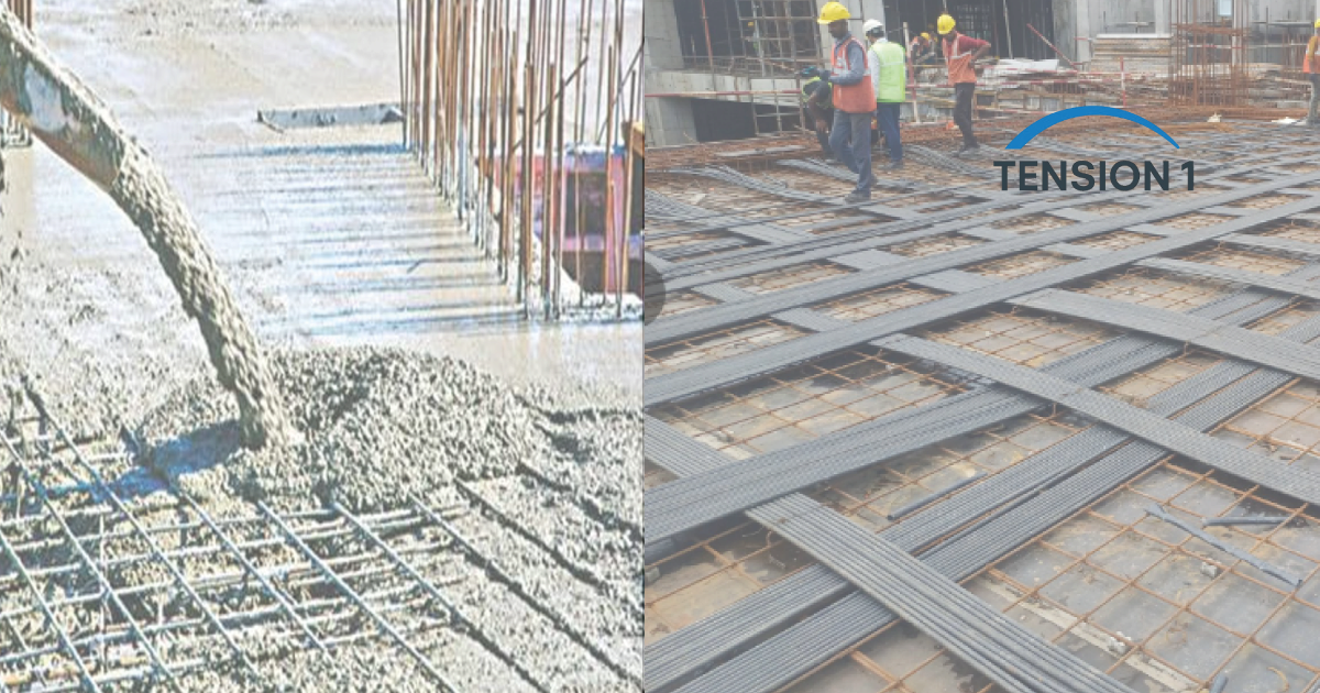 A side-by-side comparison image showing two construction sites. On the left, a large concrete pour into rebar (representing reinforced concrete). On the right, workers lay a grid of post tension tendons (representing a post tension slab).